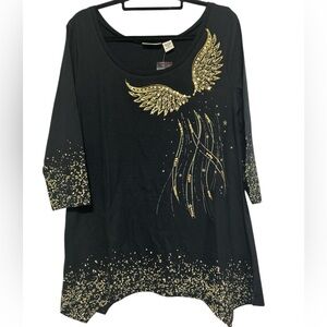 Collections Etc Black Gold Sequin Angel Wings Tunic Top Size M